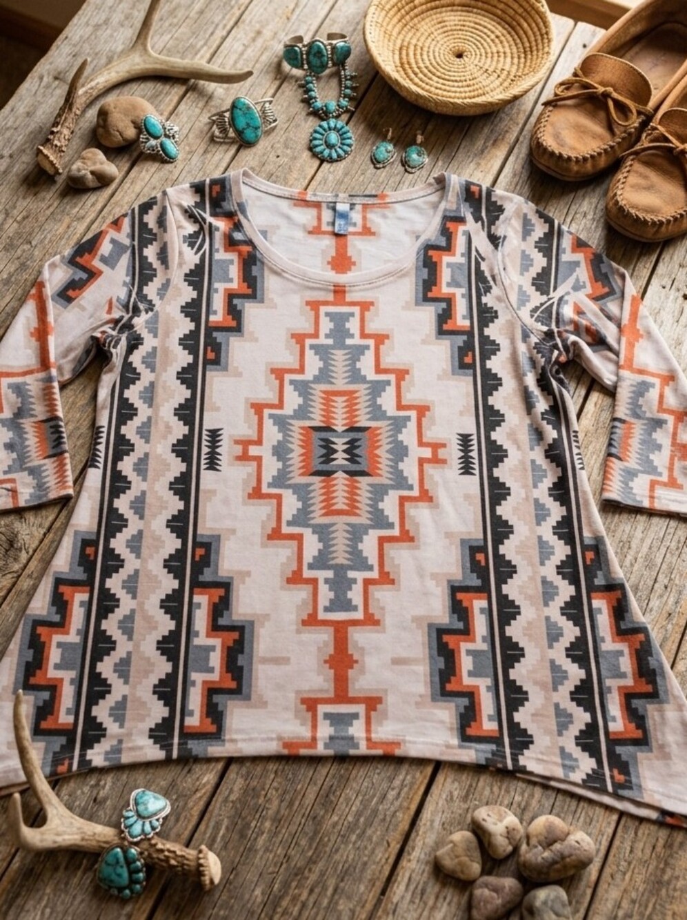 Aztec Geometric 3/4 Sleeve Tunic in Coral, Gray & Black